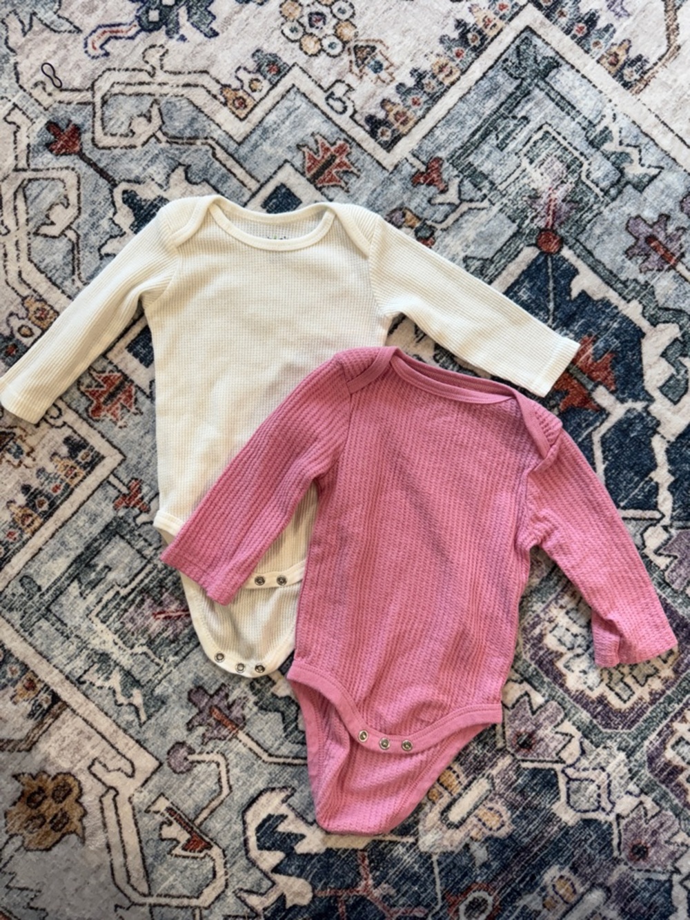 Kids Long-Sleeve Waffle Knit One-Piece Bodysuits - Pink & Cream